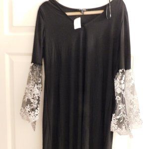 NWT ROZ & ALI DRESS BARN BLACK JERSEY DRESS WITH LACE SLEEVE SZ L